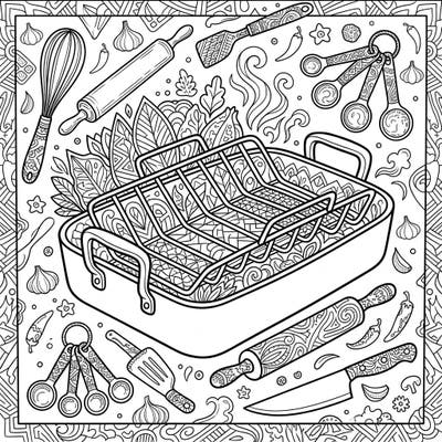 Unleash your culinary creativity with this intricate roasting pan coloring page, perfect for teens. Featuring detailed kitchen tools and trendy patterns, it offers a relaxing and engaging artistic challenge.