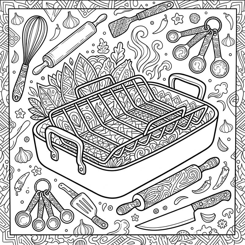 Unleash your culinary creativity with this intricate roasting pan coloring page, perfect for teens. Featuring detailed kitchen tools and trendy patterns, it offers a relaxing and engaging artistic challenge.