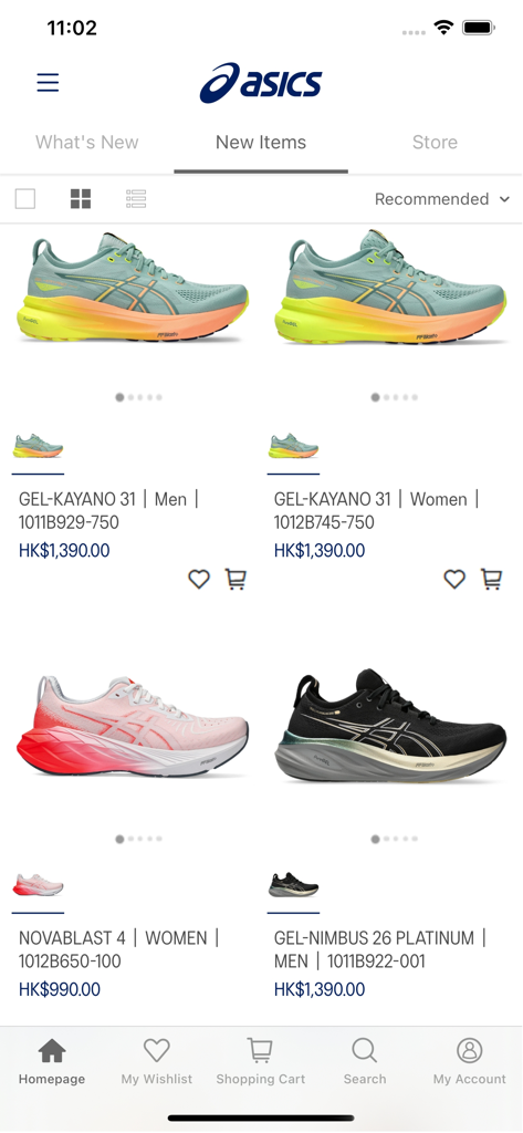 ASICS HK - Product listing page in the ASICS HK mobile app showing new running shoes like Gel-Kayano and Novablast