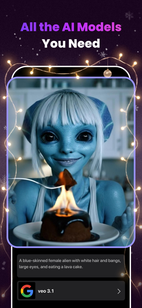 Clipfly - AI Video Generator - Clipfly app interface showing an AI generated blue female alien eating a lava cake from a text prompt.