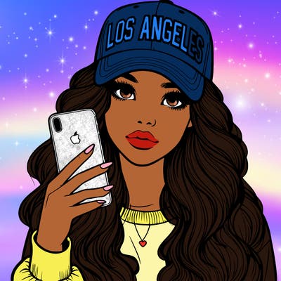 realistic beautiful girl wearing los ángeles cap holding an iphone