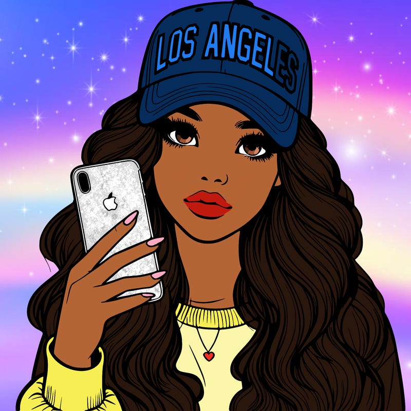 realistic beautiful girl wearing los ángeles cap holding an iphone