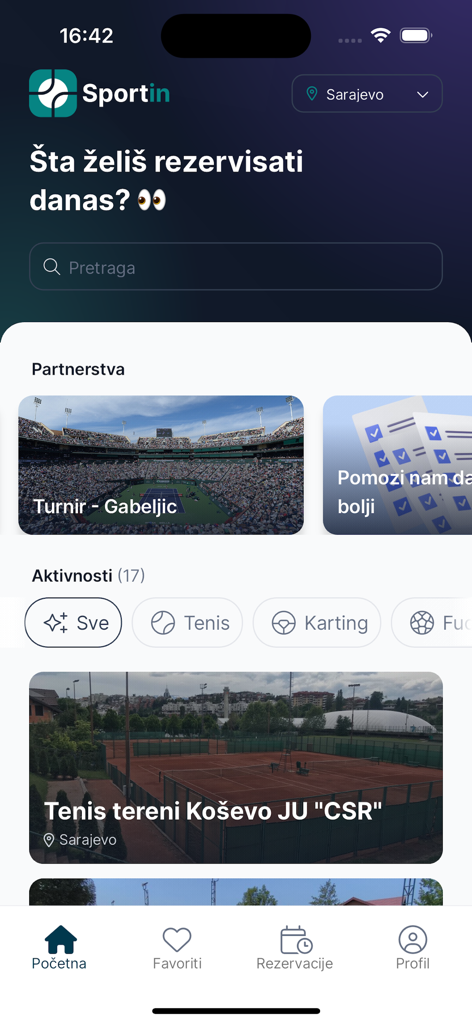 Sportin mobile app interface for booking sports courts and tennis venues