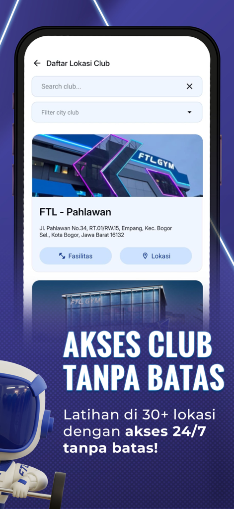 FTL STRIDE app interface showing gym location search and 24/7 access benefits