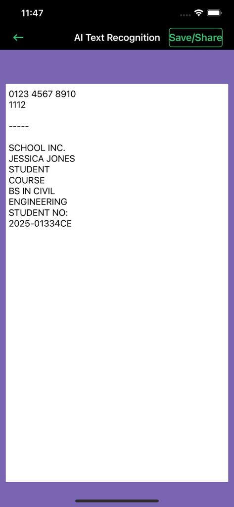 Interface de l'application Genius PDF Scanner affichant la reconnaissance de texte IA et les résultats OCR pour un document étudiant