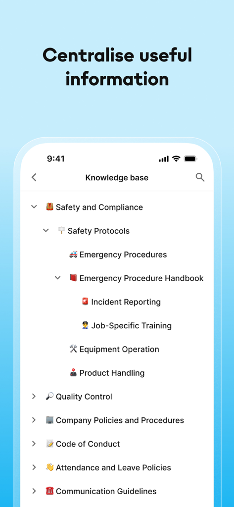 Flip-App - Mobile interface of the Flip-App knowledge base highlighting safety protocols and company policies