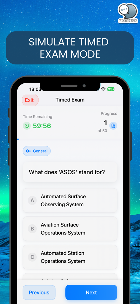 FAA AP PowerPrep Mobile App mit einer simulierten Zeitprüfung und Multiple-Choice-Fragen zur Luftfahrt