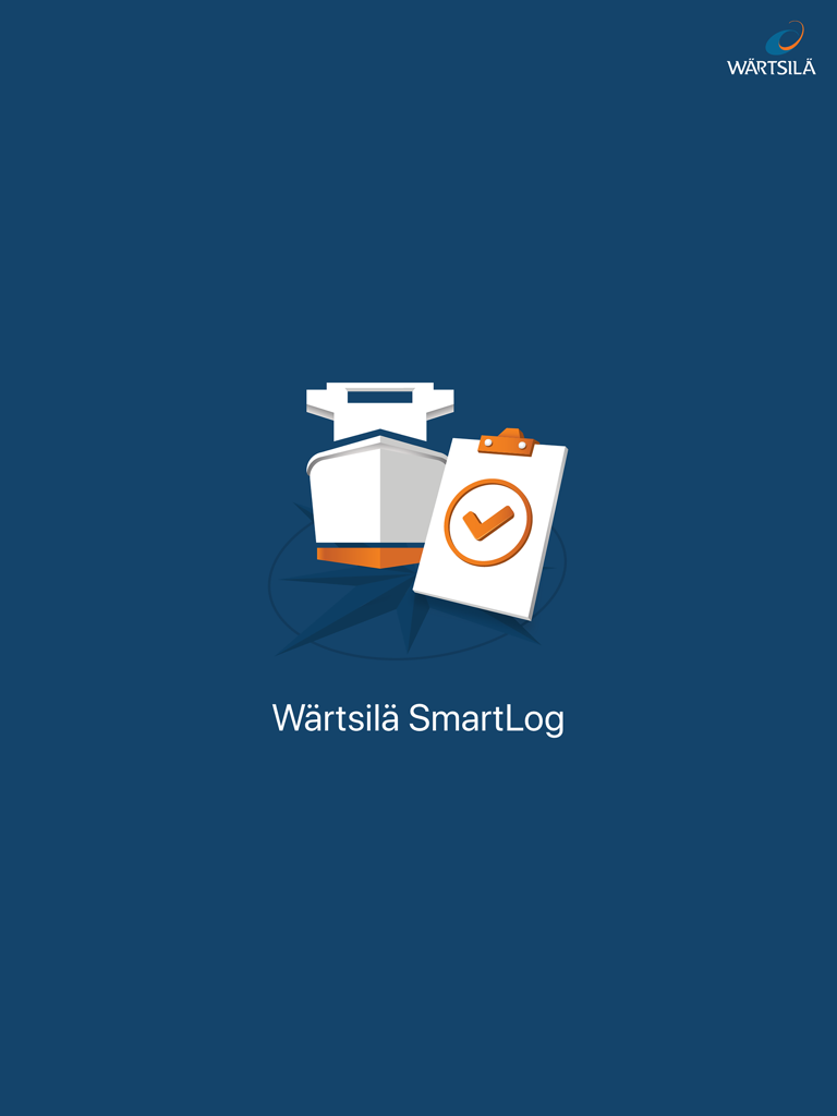 Wartsila SmartLog App Startbildschirm mit einer Schiffsillustration und einem verifizierten Checklisten-Symbol auf blauem Hintergrund