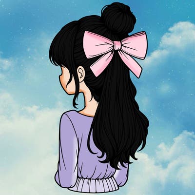 realistic girl  with hip length hair a bun and a big bow on the back of head