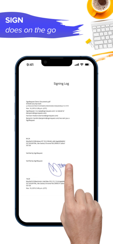 A hand signing a digital document on a smartphone screen using the Clear Scanner app