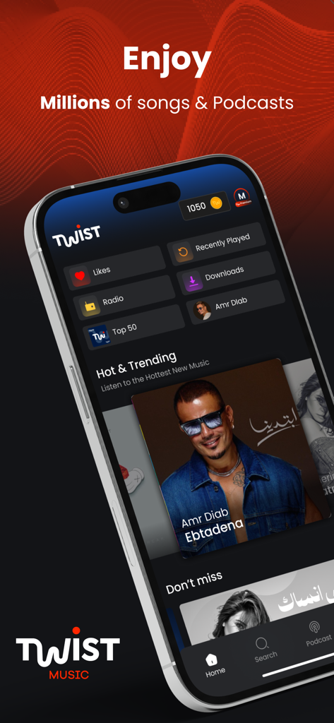 Pantalla de inicio de la aplicación Twist Music con canciones y podcasts árabes de moda