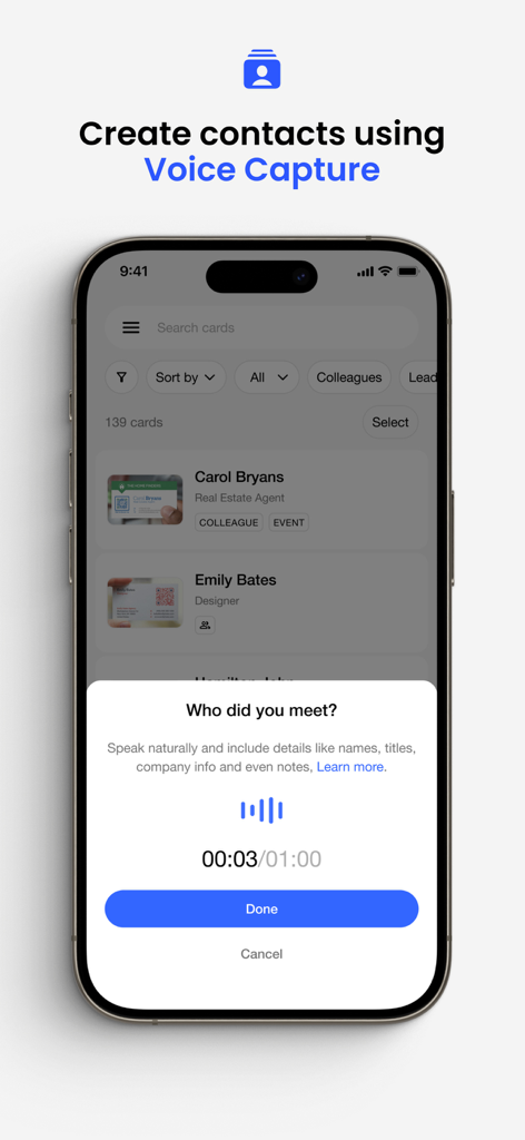 The voice capture feature in the Covve app allowing professionals to create contacts by speaking naturally.