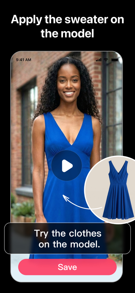 VividPic - AI Video Generator - 青いドレスを笑顔の女性に適用したAIバーチャルモデル試着機能を示すVividPicアプリのインターフェース。