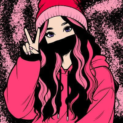a teenage girl in a beanie, oversized sweatshirt, wavy long hair, and is showing a ✌️