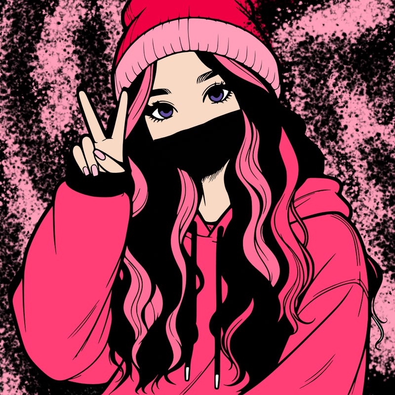 a teenage girl in a beanie, oversized sweatshirt, wavy long hair, and is showing a ✌️
