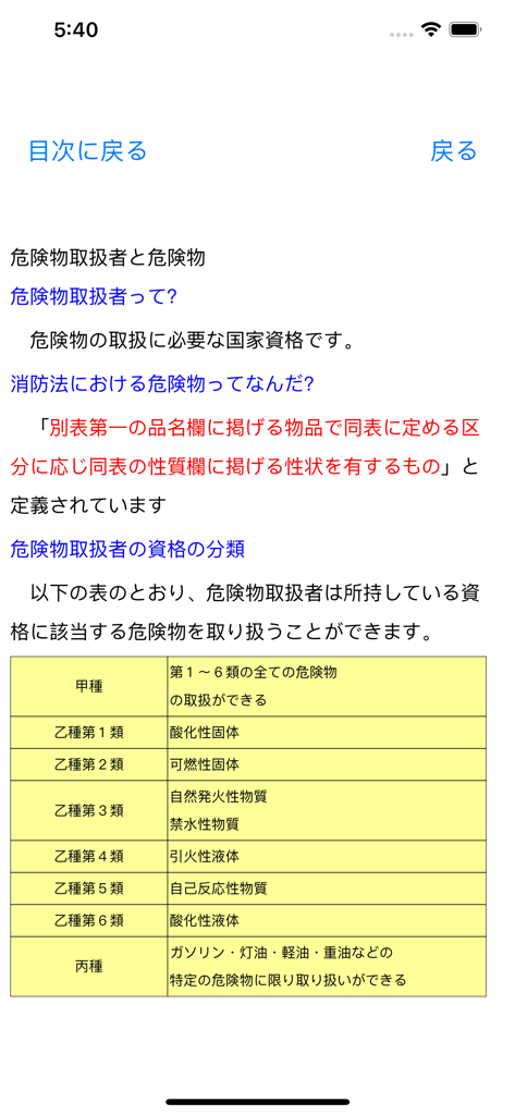 危険物乙5類取扱者試験問題集　りすさんシリーズ - 危険物取扱者免許の区分と規制物質の種類を表示する日本語教育アプリ画面。