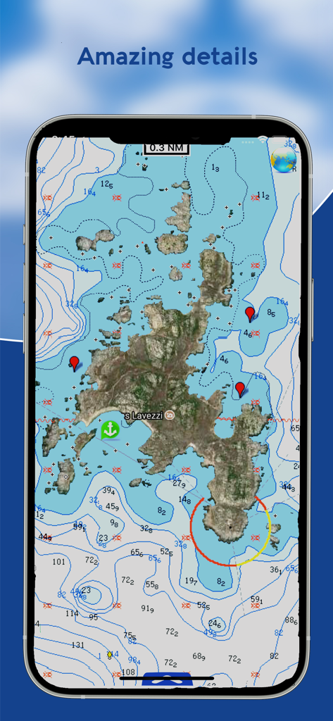 AIS Maps: Marine & Lake charts - AIS Mapsアプリの水深コンターと衛星画像を示す詳細な海図。