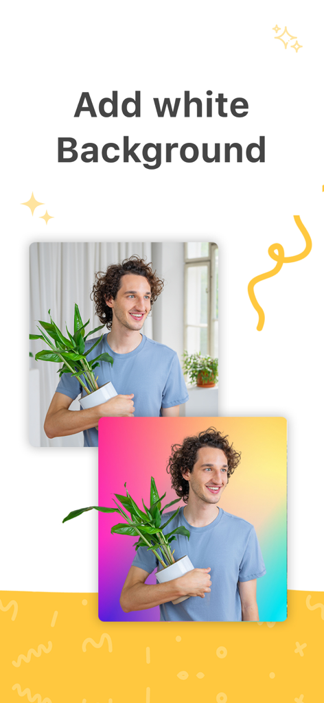 Background remover : remove.bg - Ein Vorher-Nachher-Vergleich, der einen Mann zeigt, der eine Pflanze hält, wobei sein ursprünglicher Hintergrund entfernt und durch einen farbigen Farbverlauf ersetzt wurde.