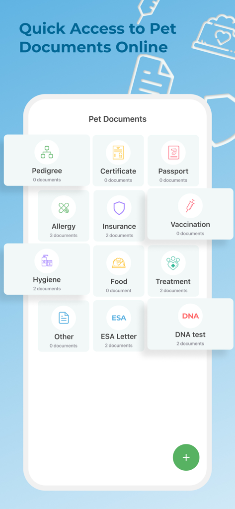 Tela de um aplicativo móvel organizando documentos de pets em categorias como seguro de vacinação e certificados de saúde