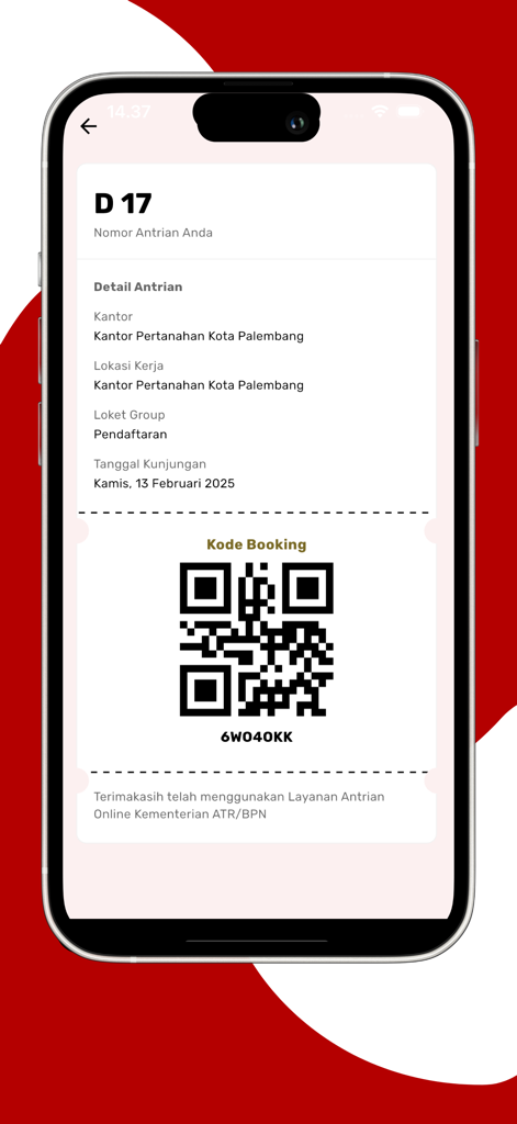 Digital queue ticket with a QR code and booking details for Indonesian land registration services in the Sentuh Tanahku app
