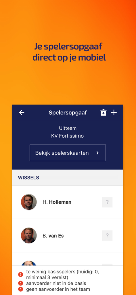 Interface of the KNKV Wedstrijdzaken app showing a korfball team roster and substitutes list on a mobile screen