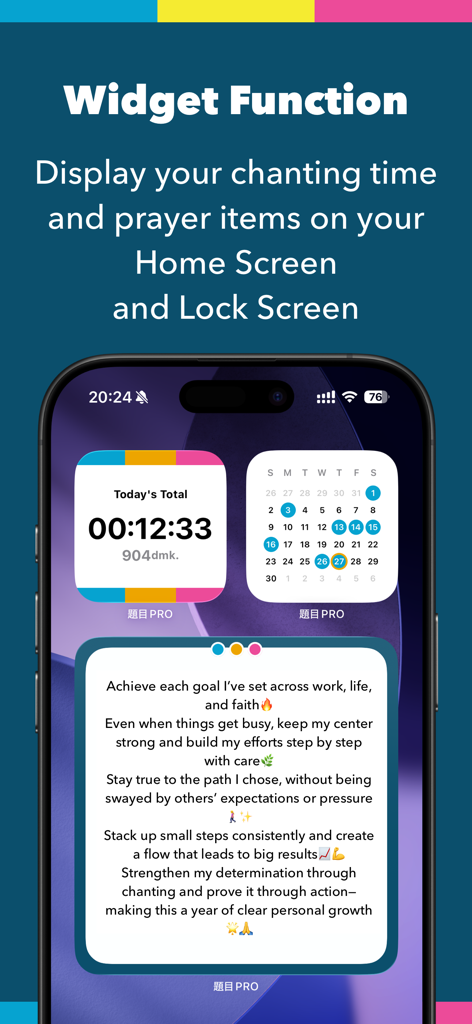 DAIMOKU PRO | SGI DAIMOKU SNS - A smartphone screen showcasing the Daimoku Pro widget features including chanting time tracking and daily prayer goals.