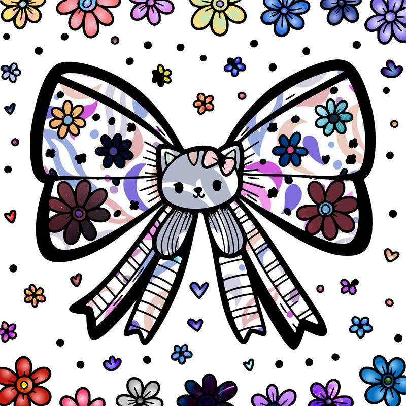 a bow with flowers on it and cat pattern