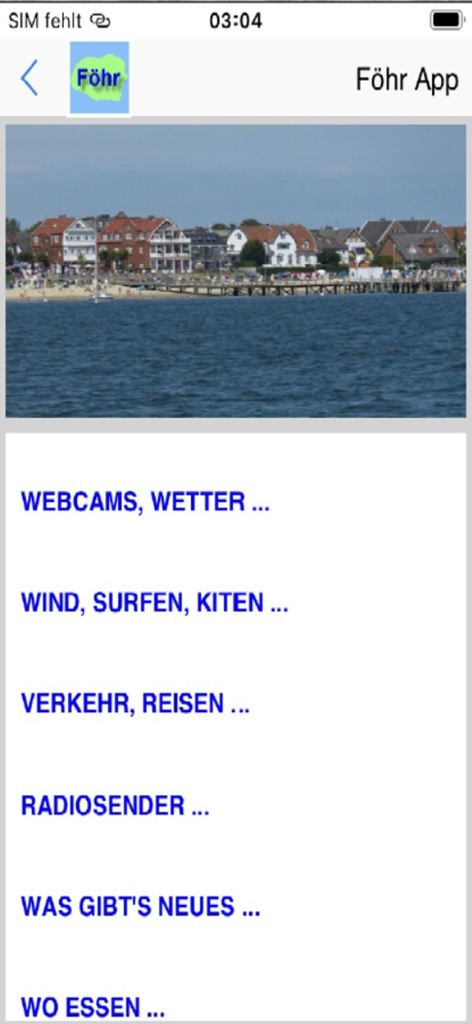 Main menu of the Foehr App showing a coastal landscape and travel information links