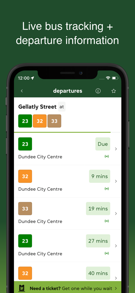 Xplore Dundee - Xplore Dundee app interface showing live bus arrival times for the Gellatly Street bus stop