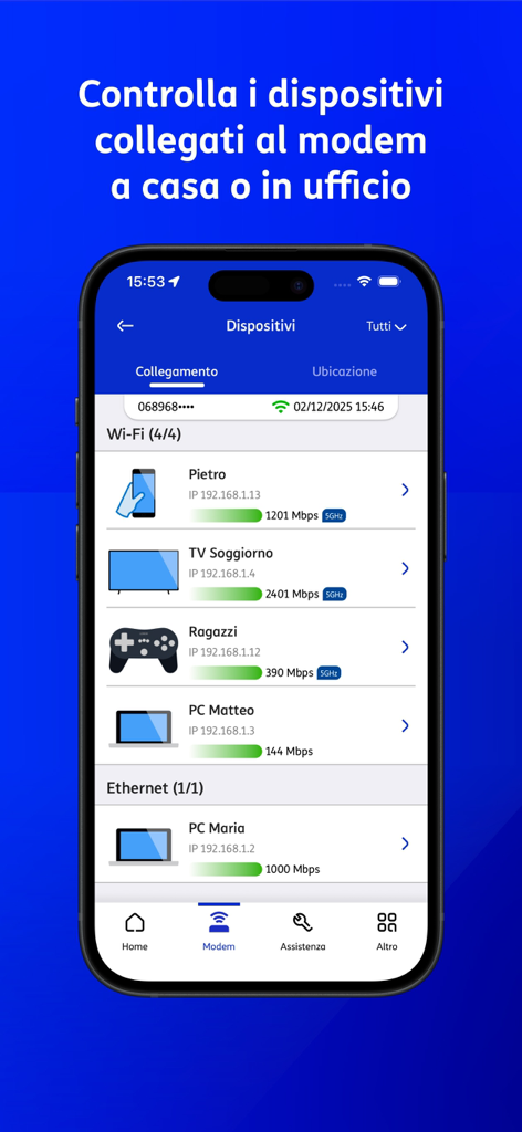 TIM Modem - Interface of the TIM Modem app showing a list of devices connected via Wi-Fi and Ethernet with connection speeds