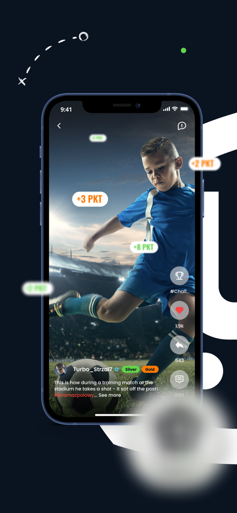 4GOAL - A young soccer player kicking a ball in a vertical video on the 4GOAL app showing social media icons and gamified points
