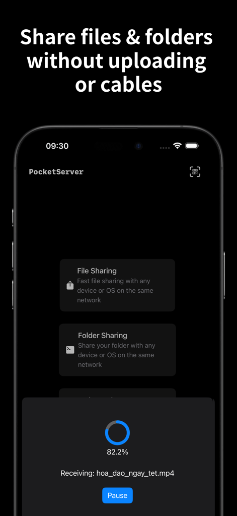 PocketServer: Folder Sharing - PocketServer app interface on iPhone showing file and folder sharing options with a progress bar for an active file transfer