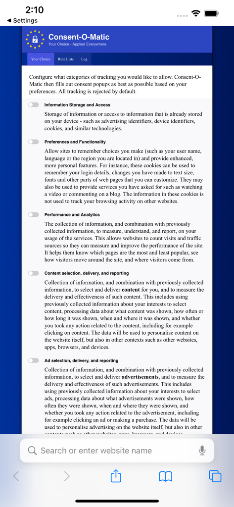 Interface of Consent-O-Matic app showing various tracking category toggles for privacy management