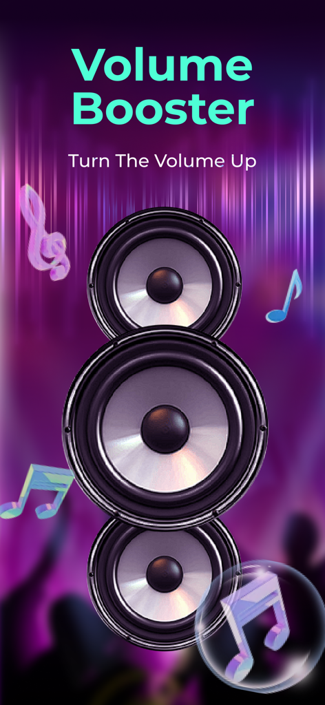 Banner promocional de la aplicación Louder Music Volume Booster con tres altavoces apilados y notas musicales flotantes