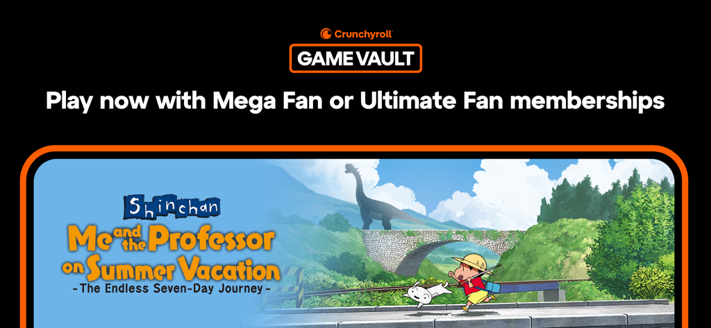 Shin chan: Summer Vacation - Promotional banner for Shin chan: Summer Vacation on Crunchyroll Game Vault featuring Shinnosuke running through a rural landscape with a dinosaur in the background.