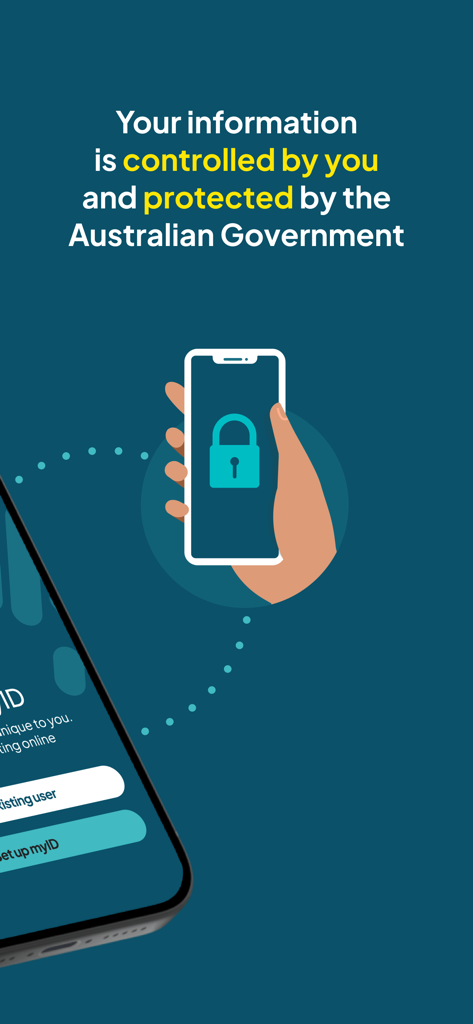 myID - Australian Government - A hand holding a smartphone with a lock icon displayed on screen alongside text regarding data protection by the Australian Government.