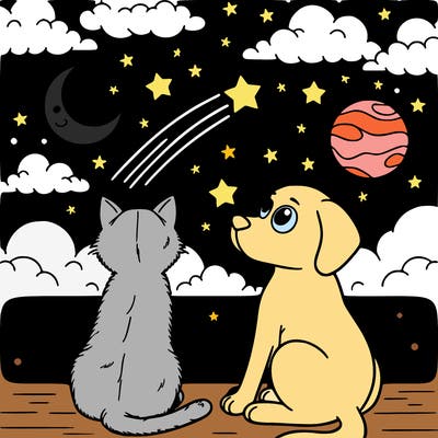 cat and dog looking at the night sky