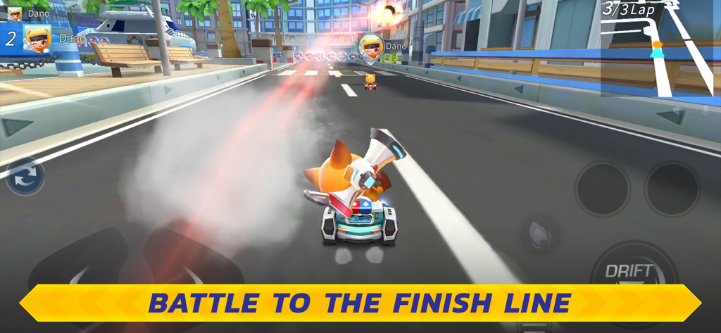 High speed kart racing gameplay in KartRider Rush Plus on an urban track with nitro boost effects