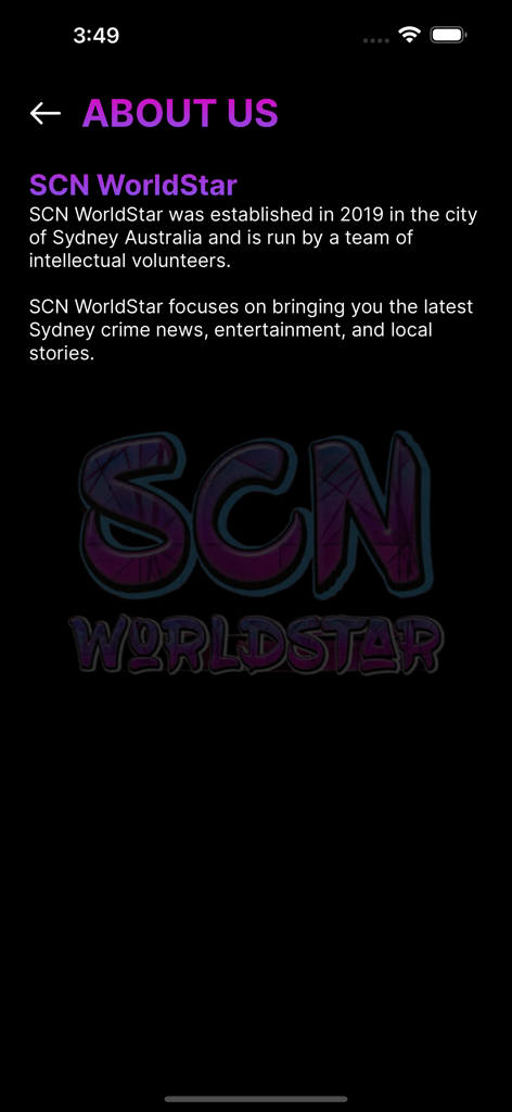 SCN WorldStar - About Us screen of SCN WorldStar app showing company mission and graffiti logo