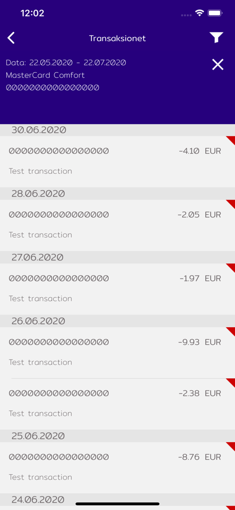 Transaction history screen in the mKlik NLB Kosova mobile banking app showing recent payments in Euros