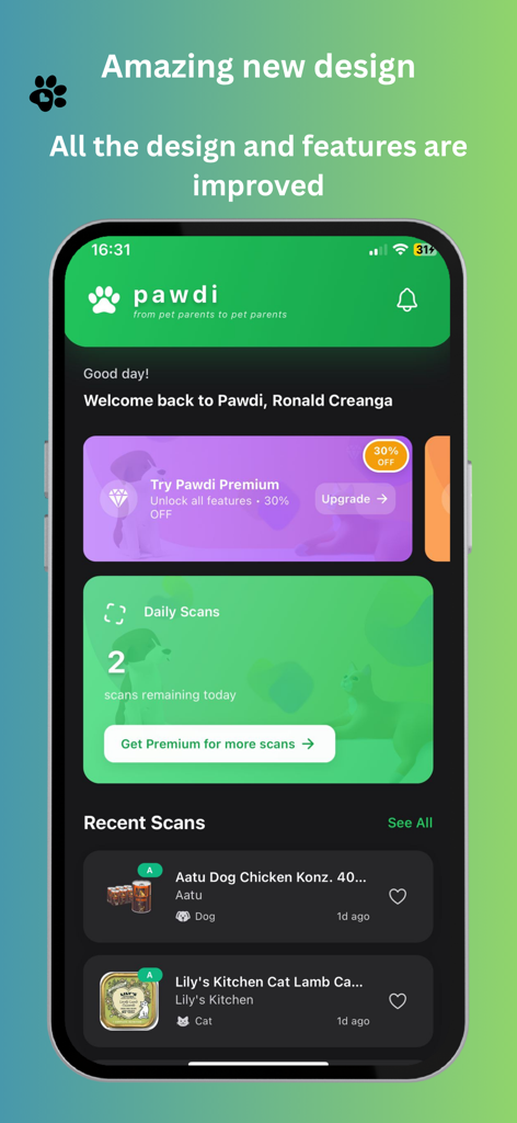 Pawdi - Pet Food Scanner - Tela inicial do aplicativo Pawdi mostrando histórico de escaneamento de ração para animais de estimação e contagem diária de escaneamentos