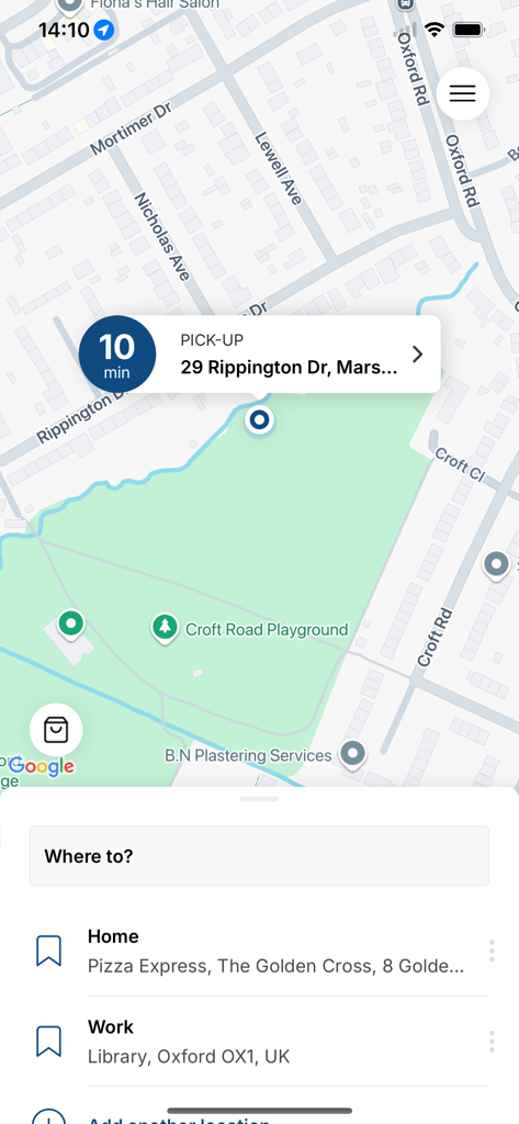 Map view of the Royal Cars Oxford app showing a pickup location and estimated arrival time