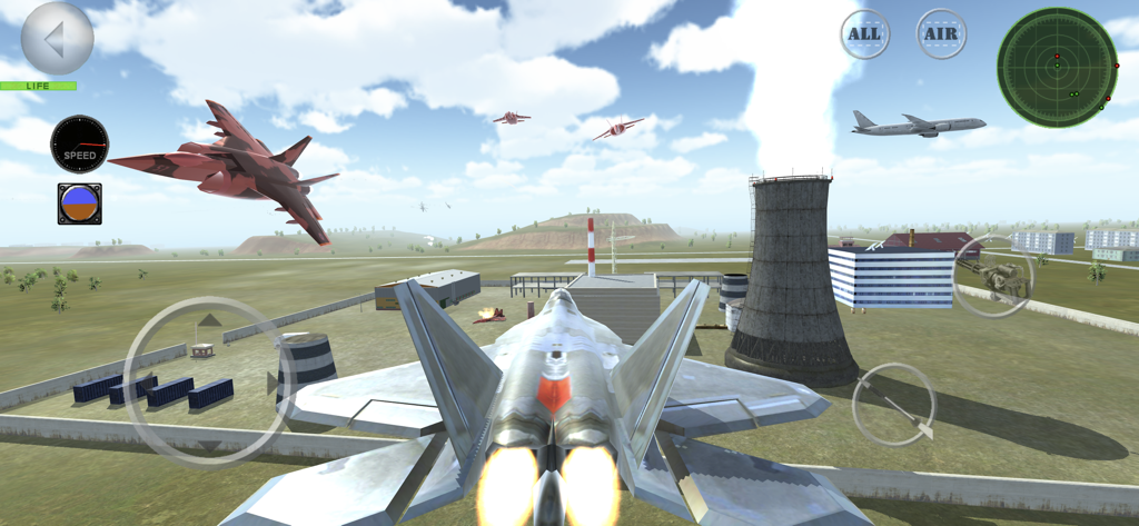 Fighter 3D Multiplayer - Jet fighter flying over an industrial military base in Fighter 3D Multiplayer