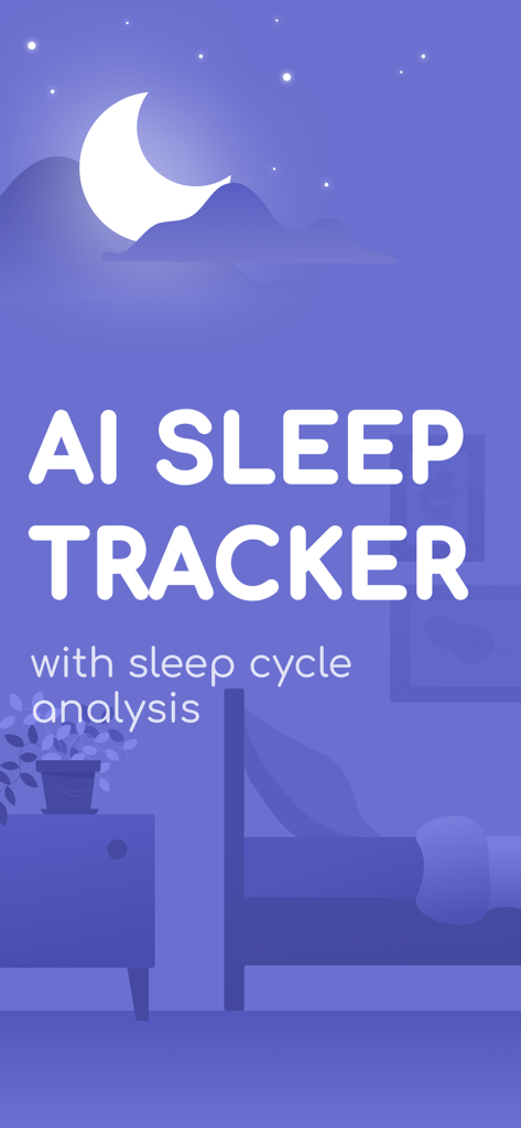 AI Sleep Tracker app screen with sleep cycle analysis text and night bedroom illustration