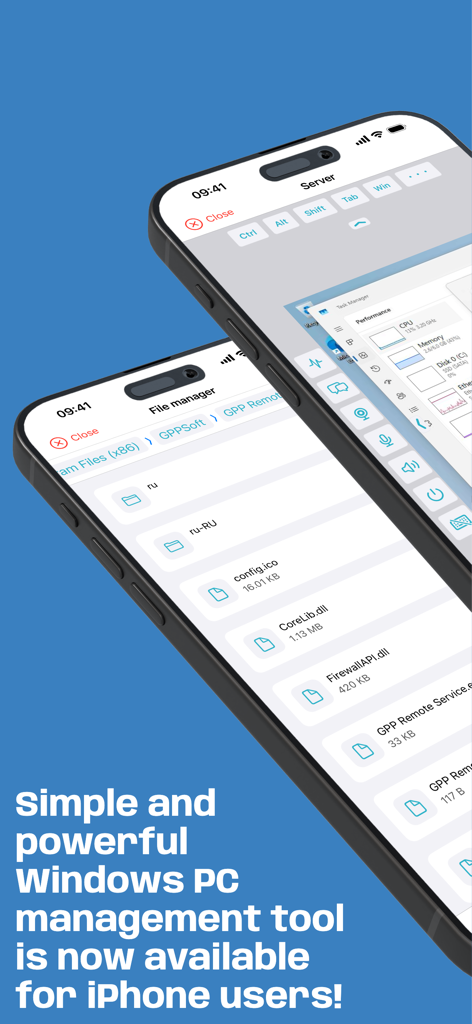 GPP Remote Viewer - GPP Remote Viewer app showing file manager and remote desktop server controls on iPhone