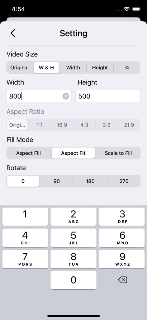 Settings screen for Batch Videos Edit app showing video size, aspect ratio, and rotation options.