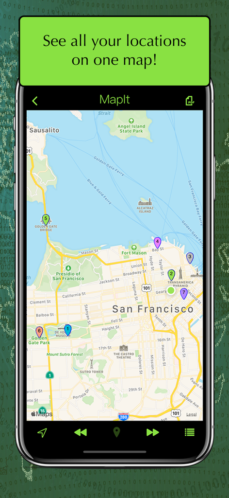 MapIt - Map Multiple Locations - A smartphone showing the MapIt app with multiple color coded locations pinned on a San Francisco map
