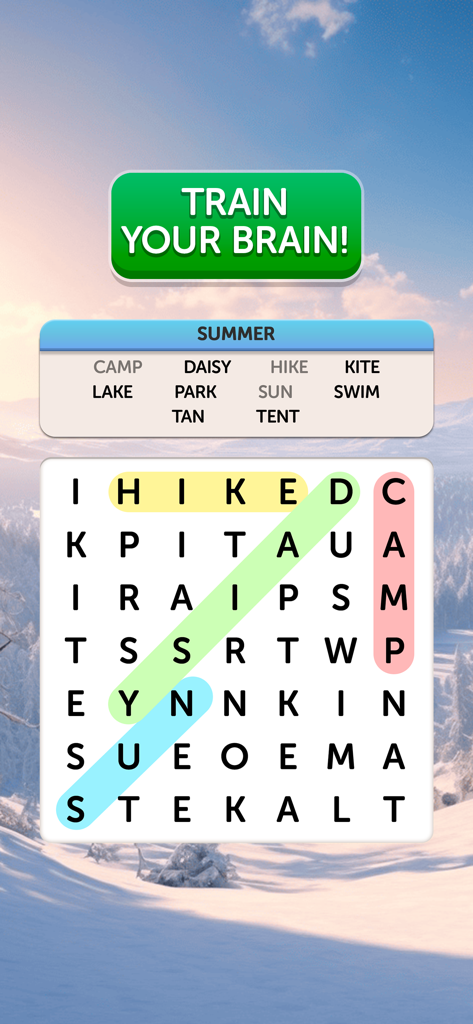 Screenshot di gioco di una griglia di puzzle di ricerca di parole a tema estivo con un messaggio 'allena il tuo cervello' e uno sfondo di montagna