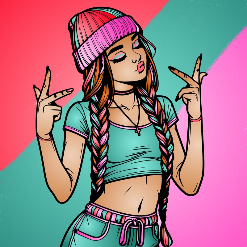 realistic teenage girl with braids and a beanie and crop top doing 🫶🏼