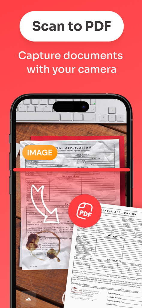 Tela de smartphone demonstrando o recurso de digitalizar para PDF capturando um documento com a câmera.